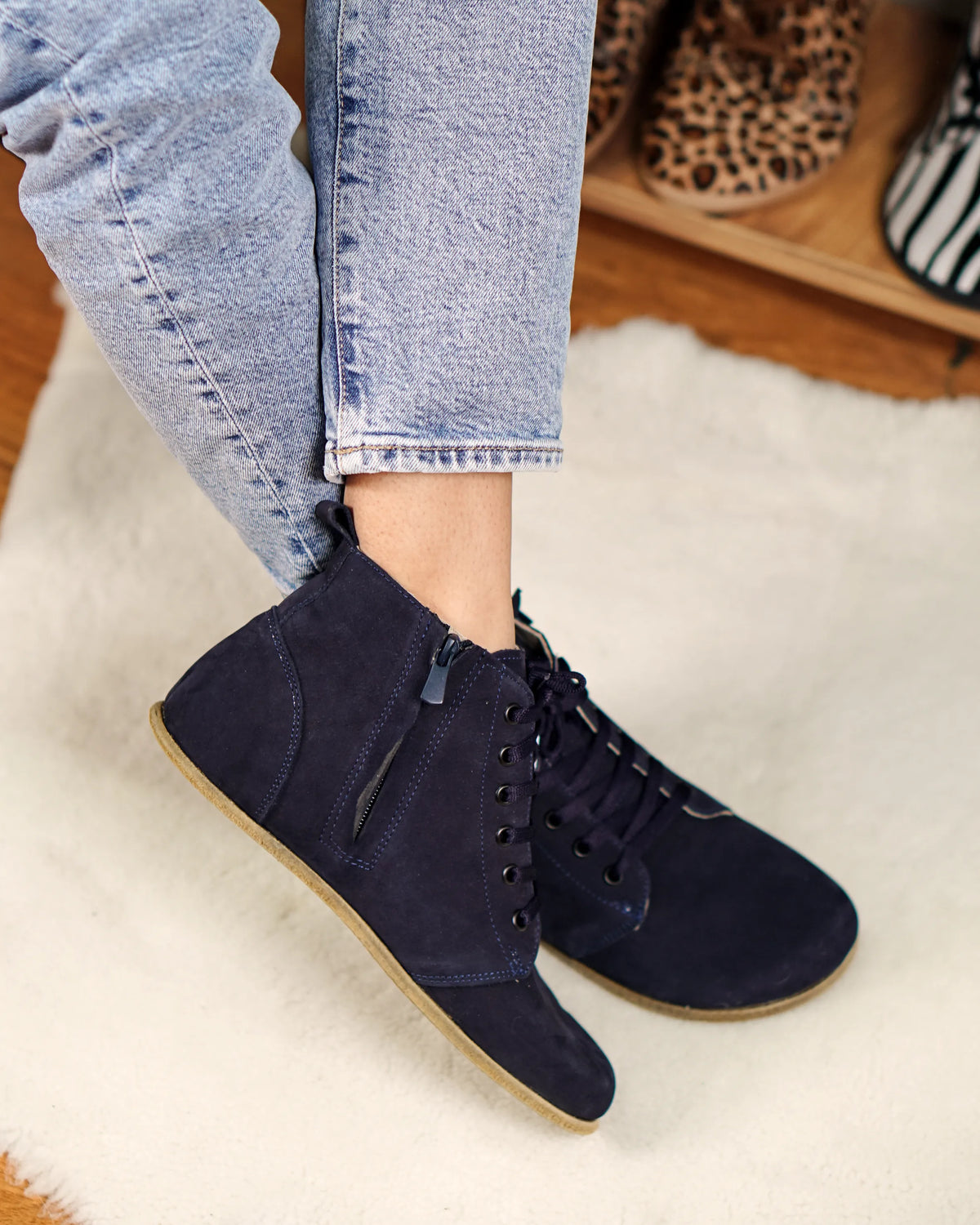Nubuck Barefoot Laces Short Boots Shoes – Classic Sole — Leather Sole – Navy Blue