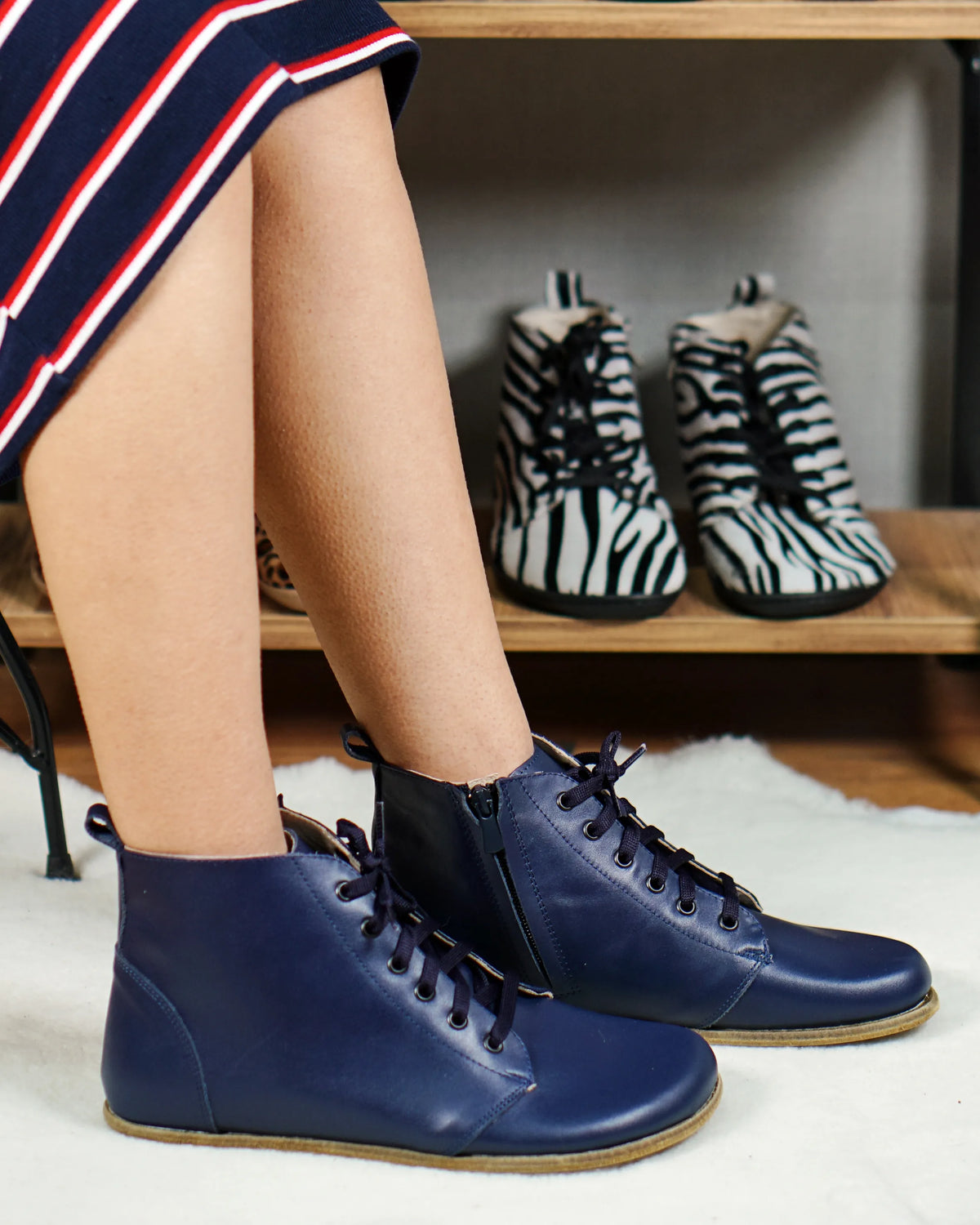 Smooth Barefoot Laces Short Boots Shoes – Classic Sole — Leather Sole – Navy Blue