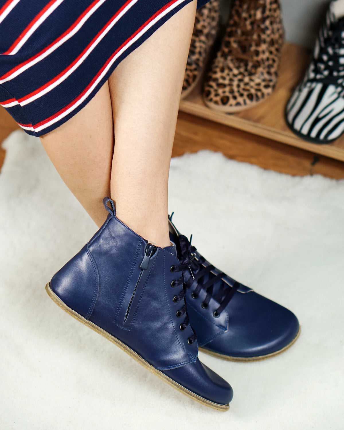 Smooth Barefoot Laces Short Boots Shoes – Classic Sole — Leather Sole – Navy Blue