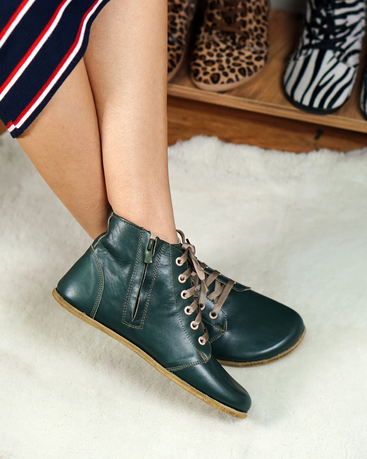 Smooth Barefoot Laces Short Boots Shoes – Classic Sole — Leather Sole – Green