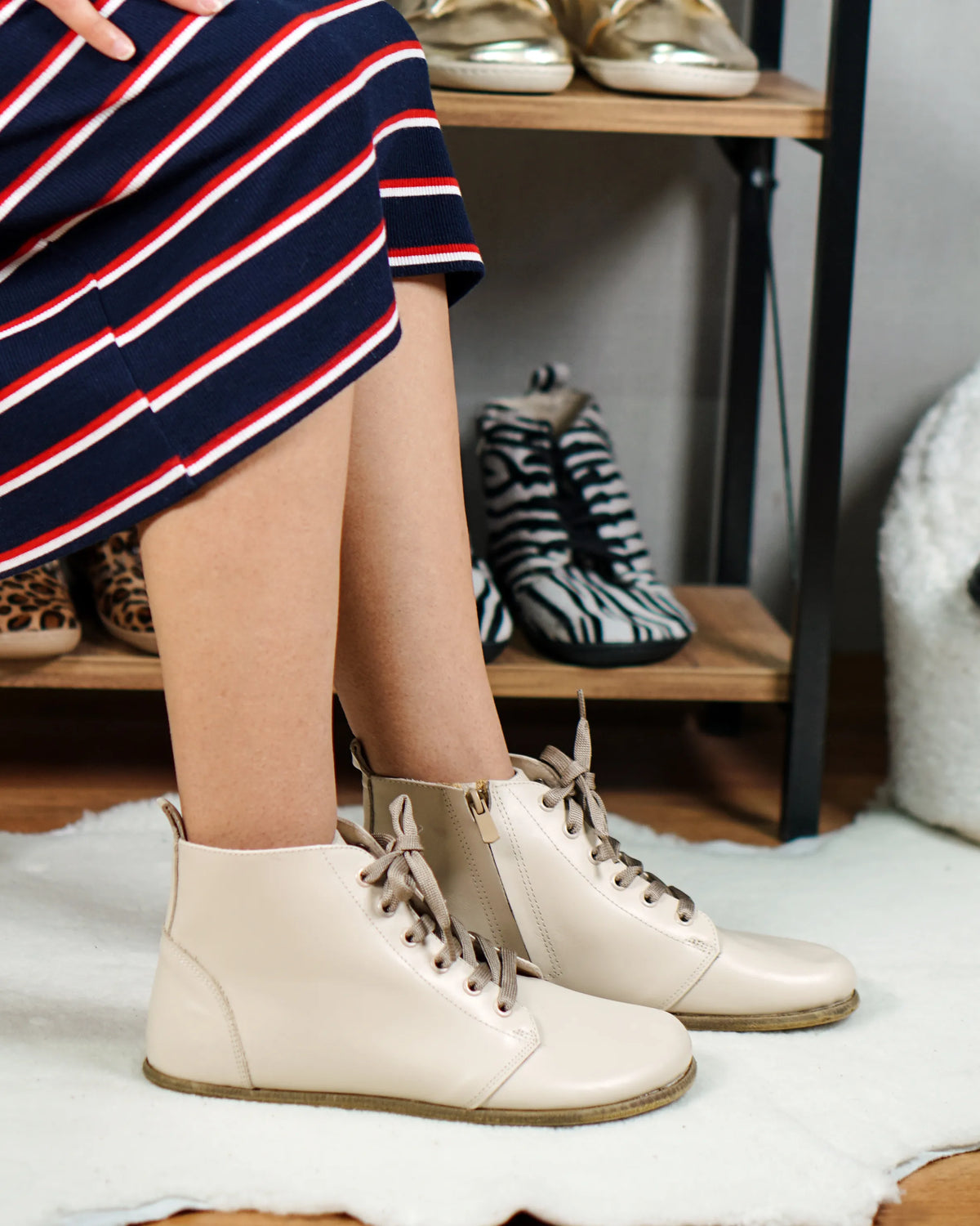 Smooth Barefoot Laces Short Boots Shoes – Classic Sole — Leather Sole – Cream