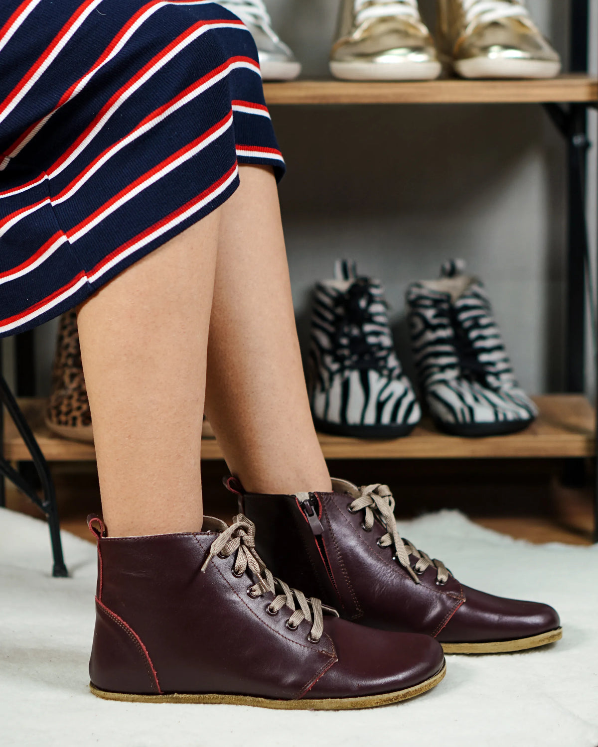 Smooth Barefoot Laces Short Boots Shoes – Classic Sole — Leather Sole – Burgundy