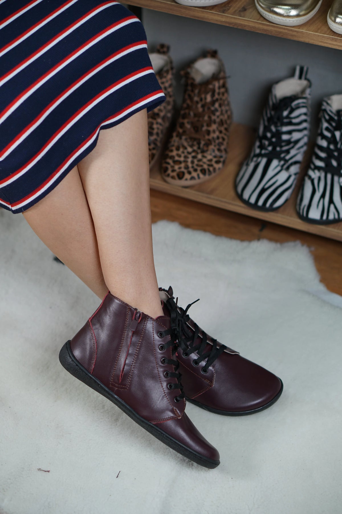 Smooth Barefoot Laces Short Boots Shoes – 6mm Rubber Sole – Burgundy