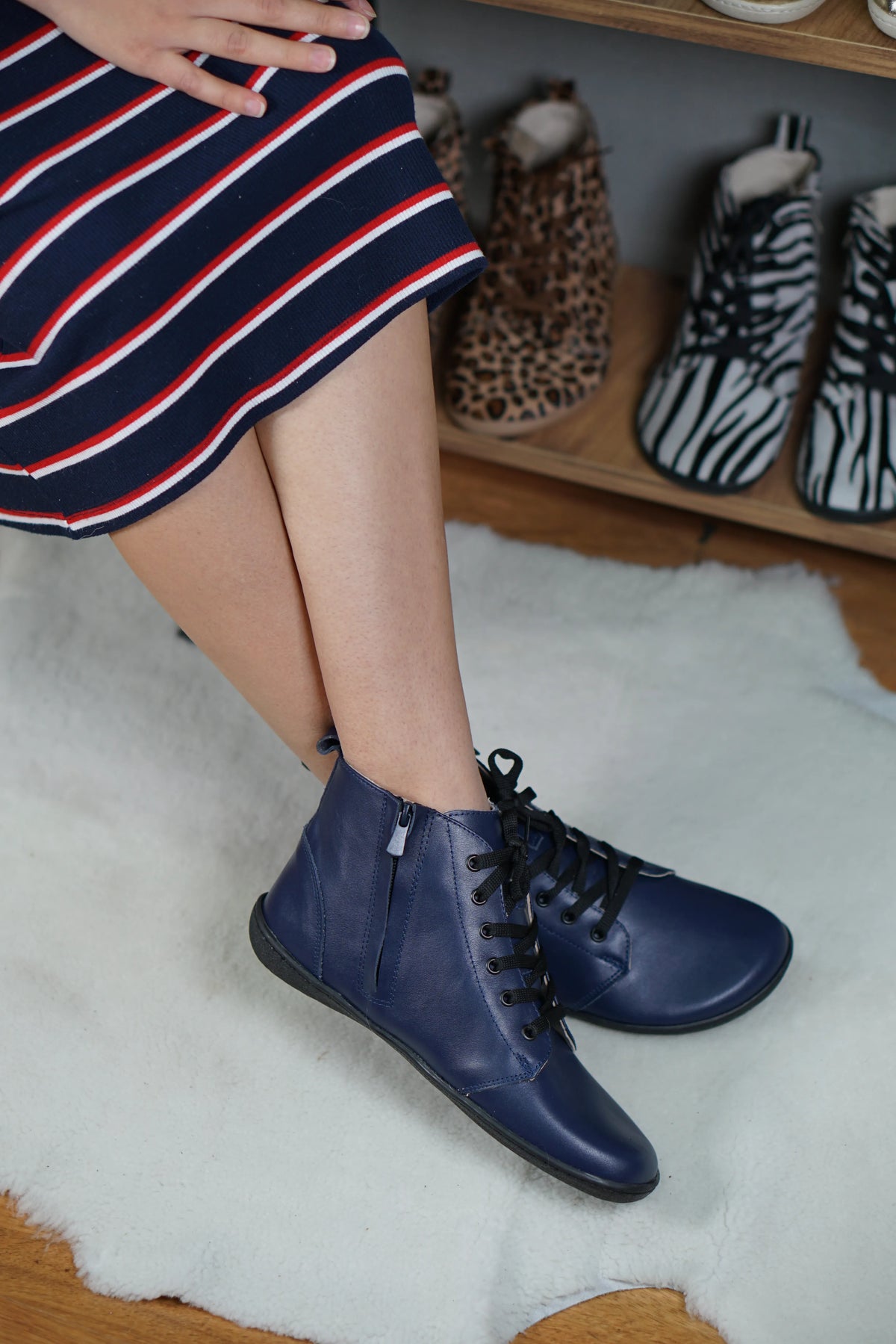 Smooth Barefoot Laces Short Boots Shoes – 6mm Rubber Sole – Navy Blue