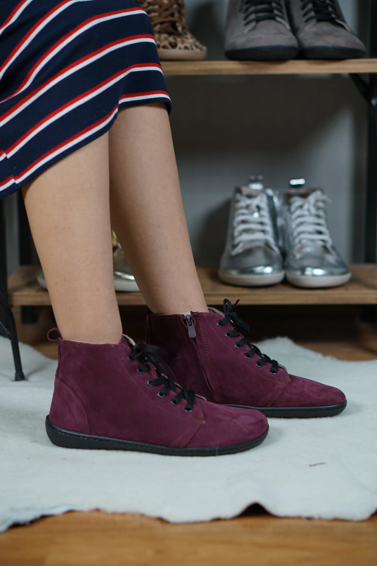Nubuck Barefoot Laces Short Boots Shoes – 6mm Rubber Sole – Burgundy