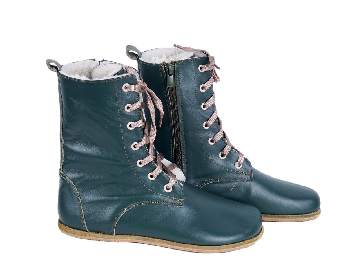 Smooth Barefoot Shearling Long Boots Shoes – Classic Sole — Leather Sole – Green