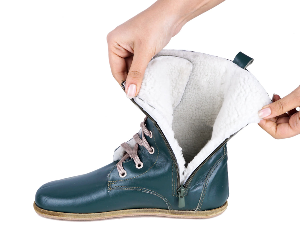Smooth Barefoot Shearling Long Boots Shoes – Classic Sole — Leather Sole – Green