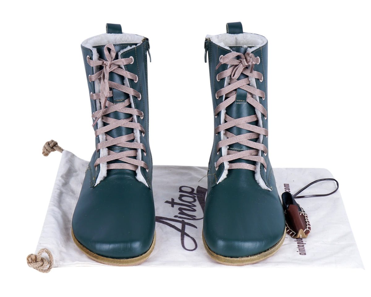 Smooth Barefoot Shearling Long Boots Shoes – Classic Sole — Leather Sole – Green