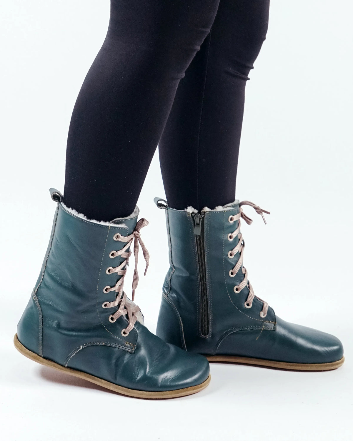 Smooth Barefoot Shearling Long Boots Shoes – Classic Sole — Leather Sole – Green