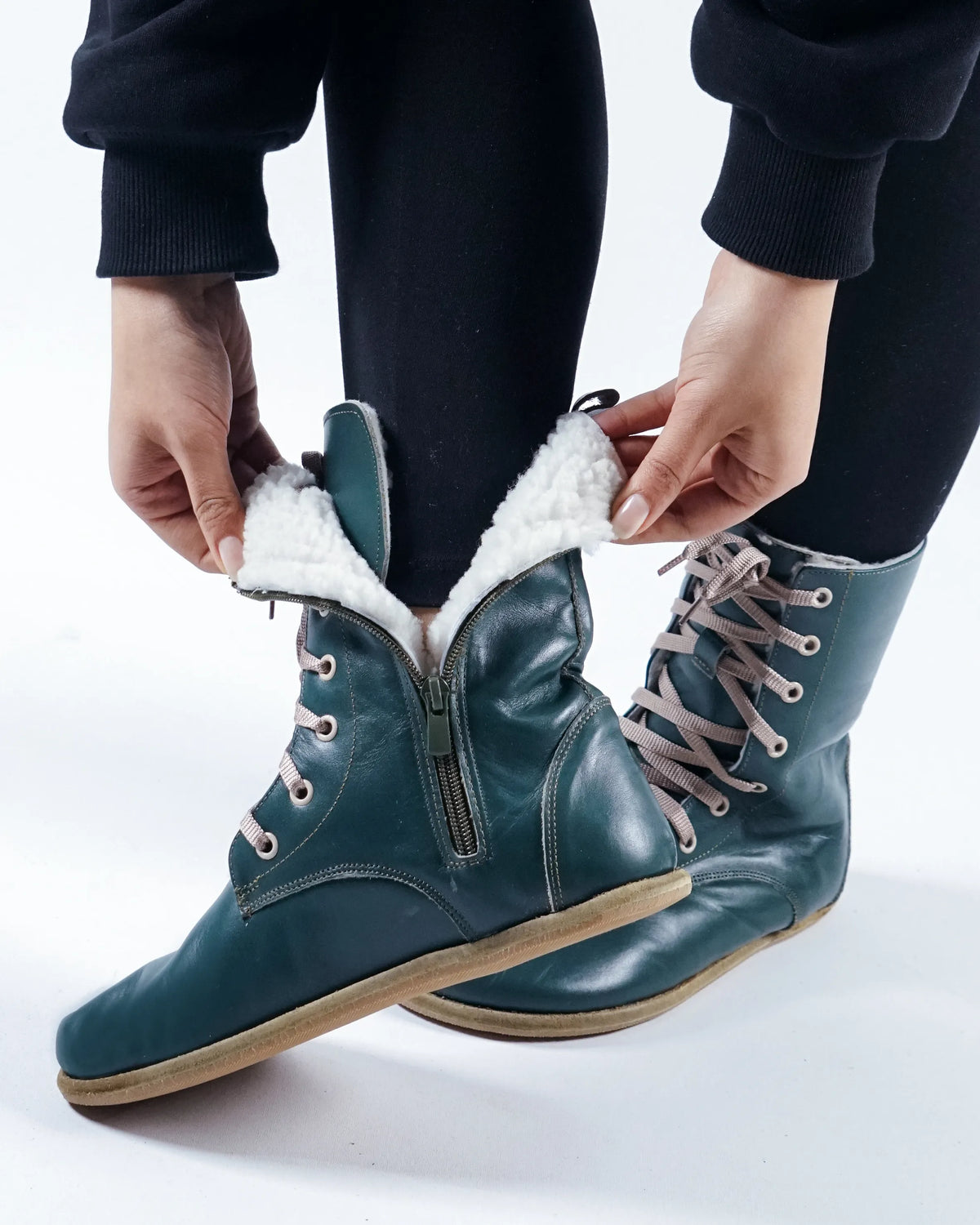 Smooth Barefoot Shearling Long Boots Shoes – Classic Sole — Leather Sole – Green