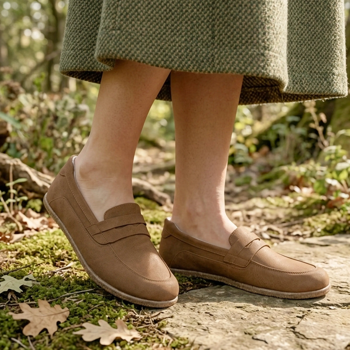 Suede Barefoot Penny Loafer Shoes – Classic Sole — Leather Sole – Tan