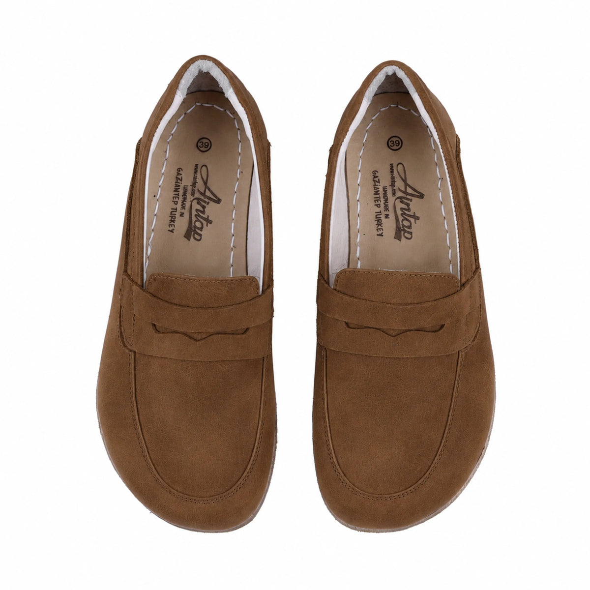 Suede Barefoot Penny Loafer Shoes – Classic Sole — Leather Sole – Tan