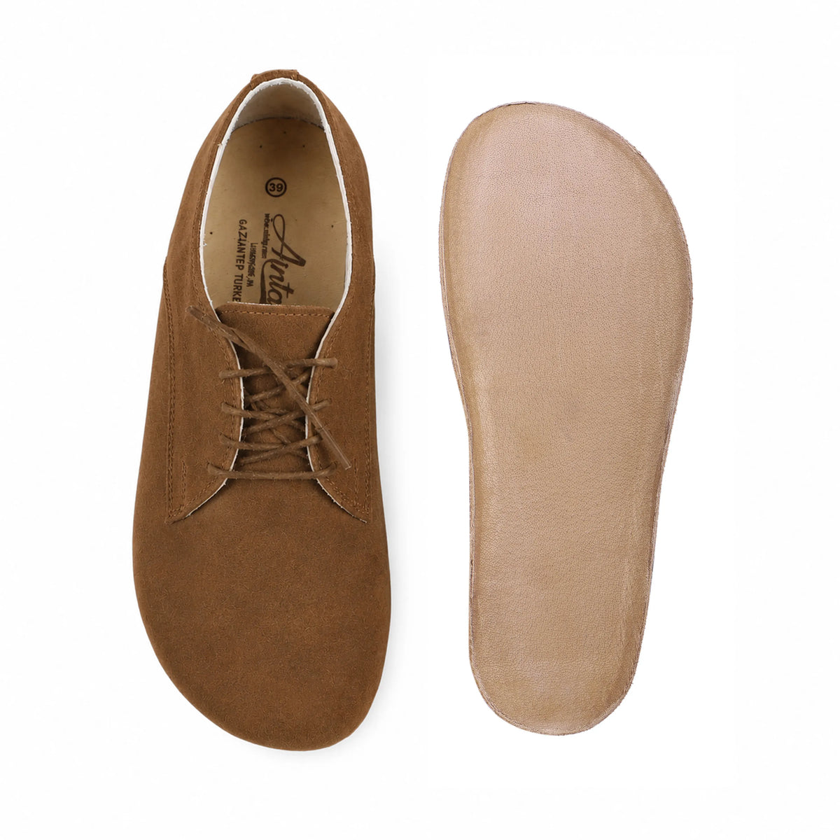 Suede Barefoot Oxford Shoes – Classic Sole — Leather Sole – Tan