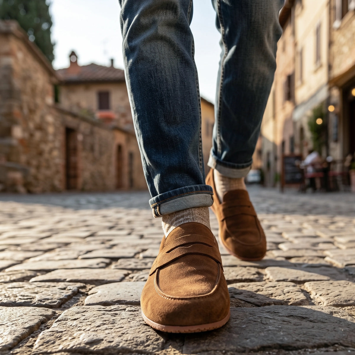 Suede Barefoot Penny Loafer Shoes – Rubber Sole – Tan