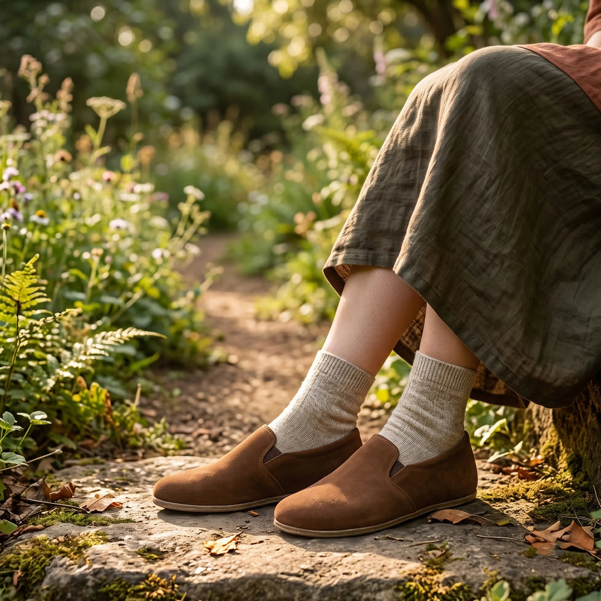 Suede Barefoot Slip-On Shoes – Classic Sole — Leather Sole – Tan