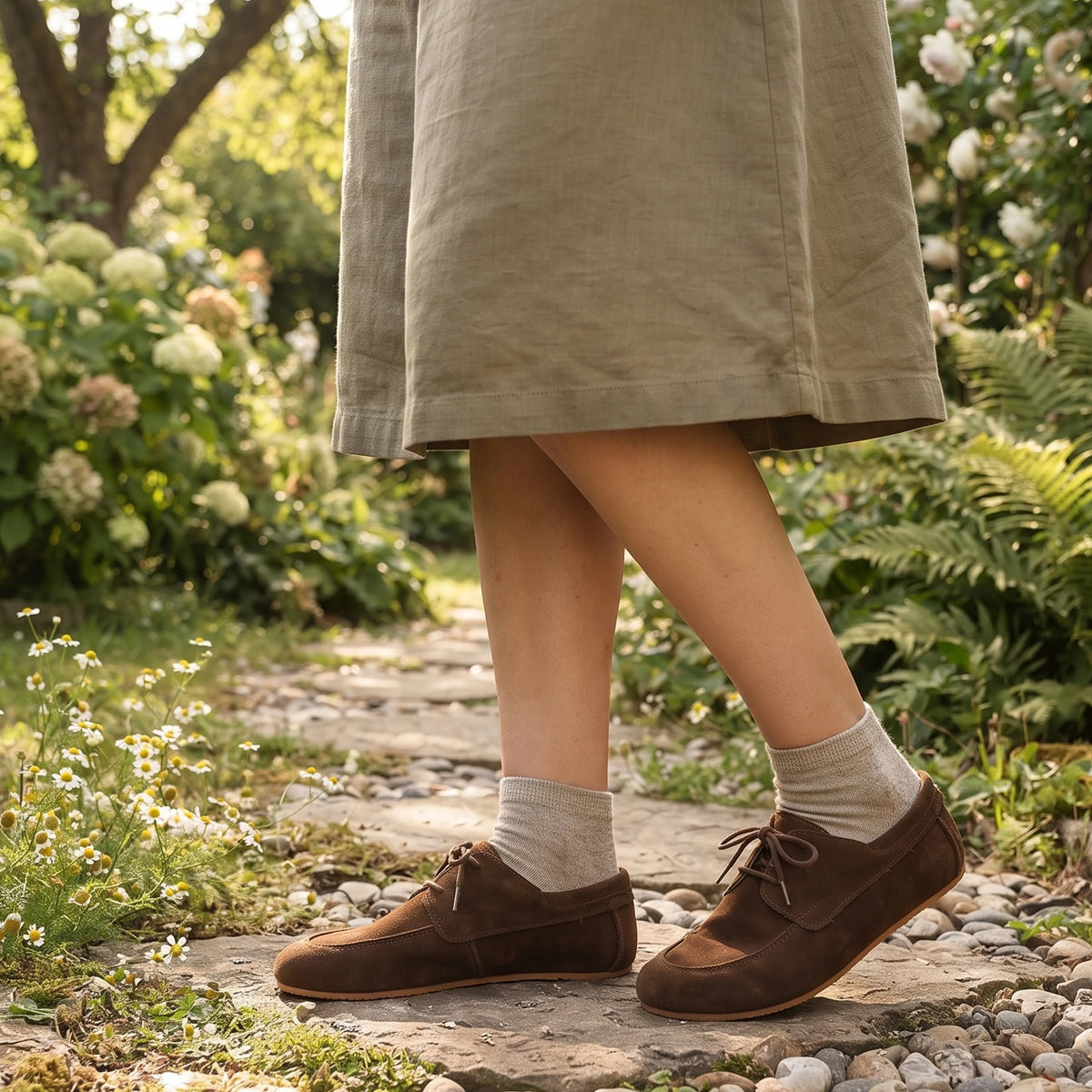 Suede Barefoot Laces Penny Loafer Shoes – Rubber Sole – Tan