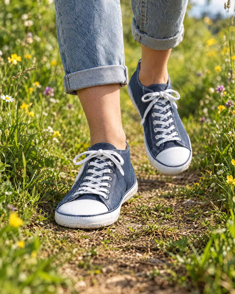 Barefoot sneakers on a meadow trail