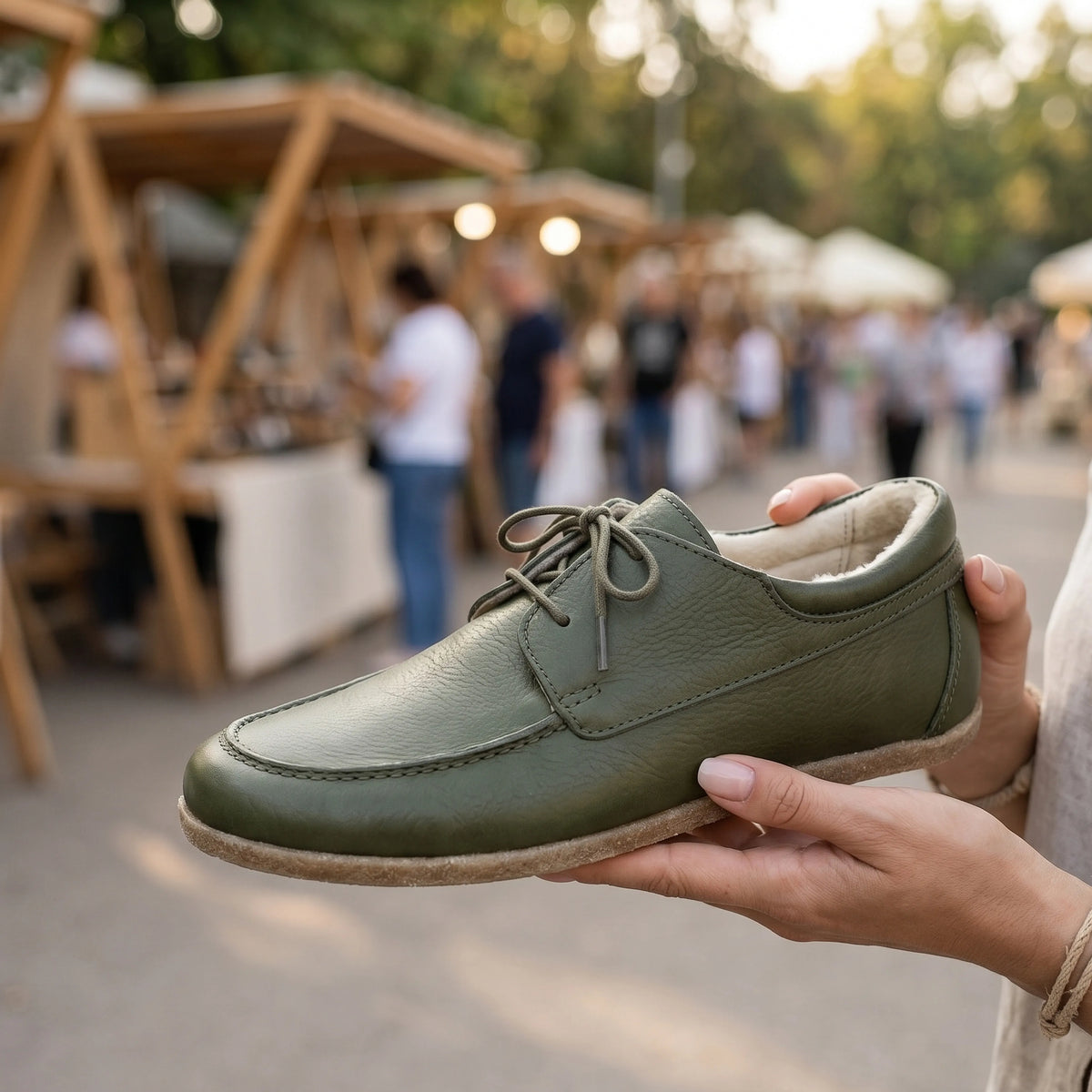 Smooth Barefoot Laces Penny Loafer Shoes – Classic Sole — Leather Sole – Olive Green