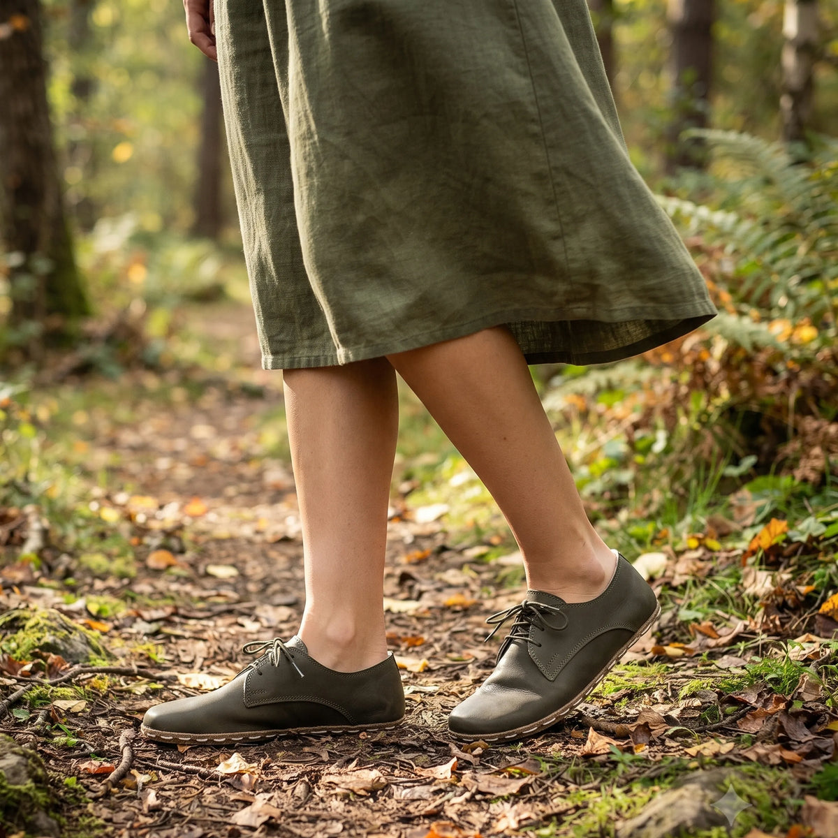 Smooth Barefoot Oxford Shoes — Leather Sole – Olive Green