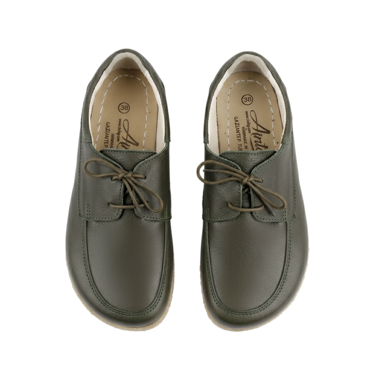 Smooth Barefoot Laces Penny Loafer Shoes – Classic Sole — Leather Sole – Olive Green