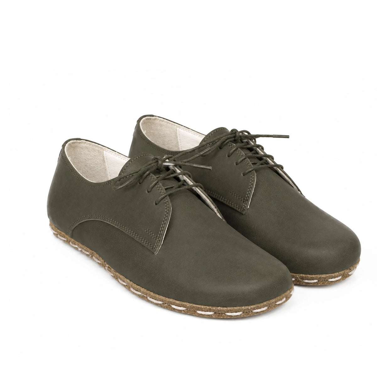 Smooth Barefoot Oxford Shoes — Leather Sole – Olive Green