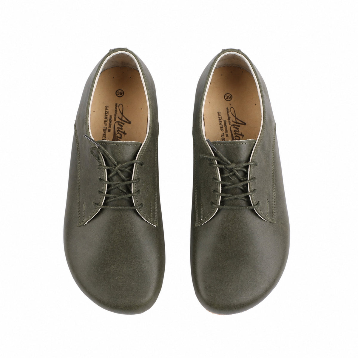 Smooth Barefoot Oxford Shoes – Classic Sole — Leather Sole – Olive Green
