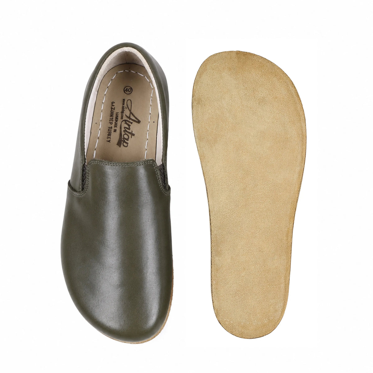 Smooth Barefoot Slip-On Shoes – Classic Sole — Leather Sole – Olive Green