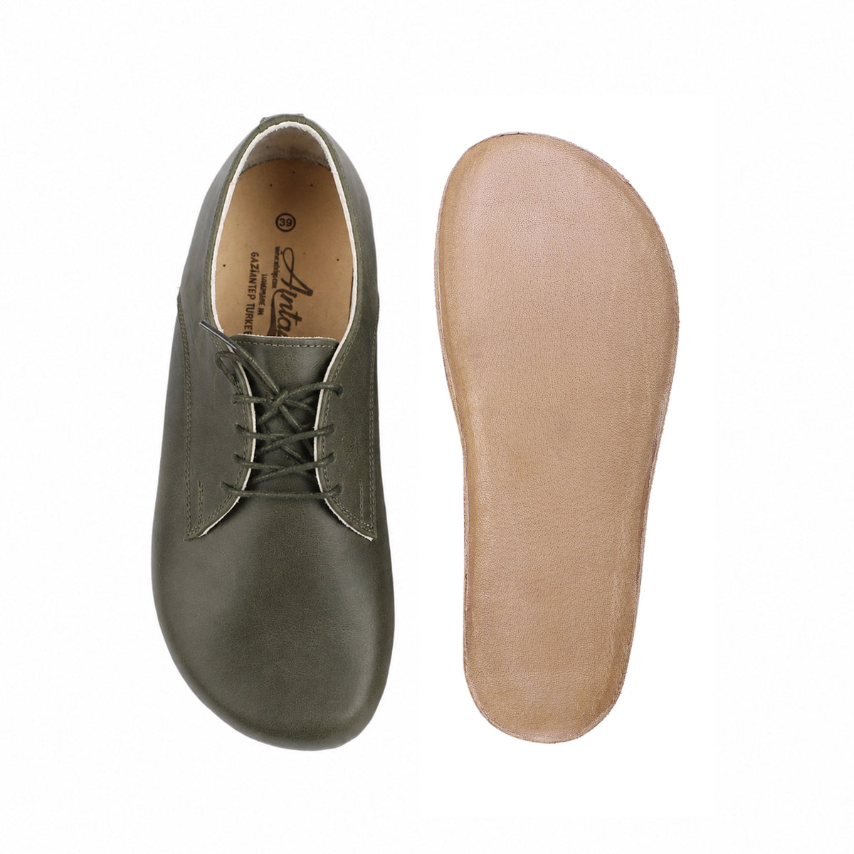 Smooth Barefoot Oxford Shoes – Classic Sole — Leather Sole – Olive Green