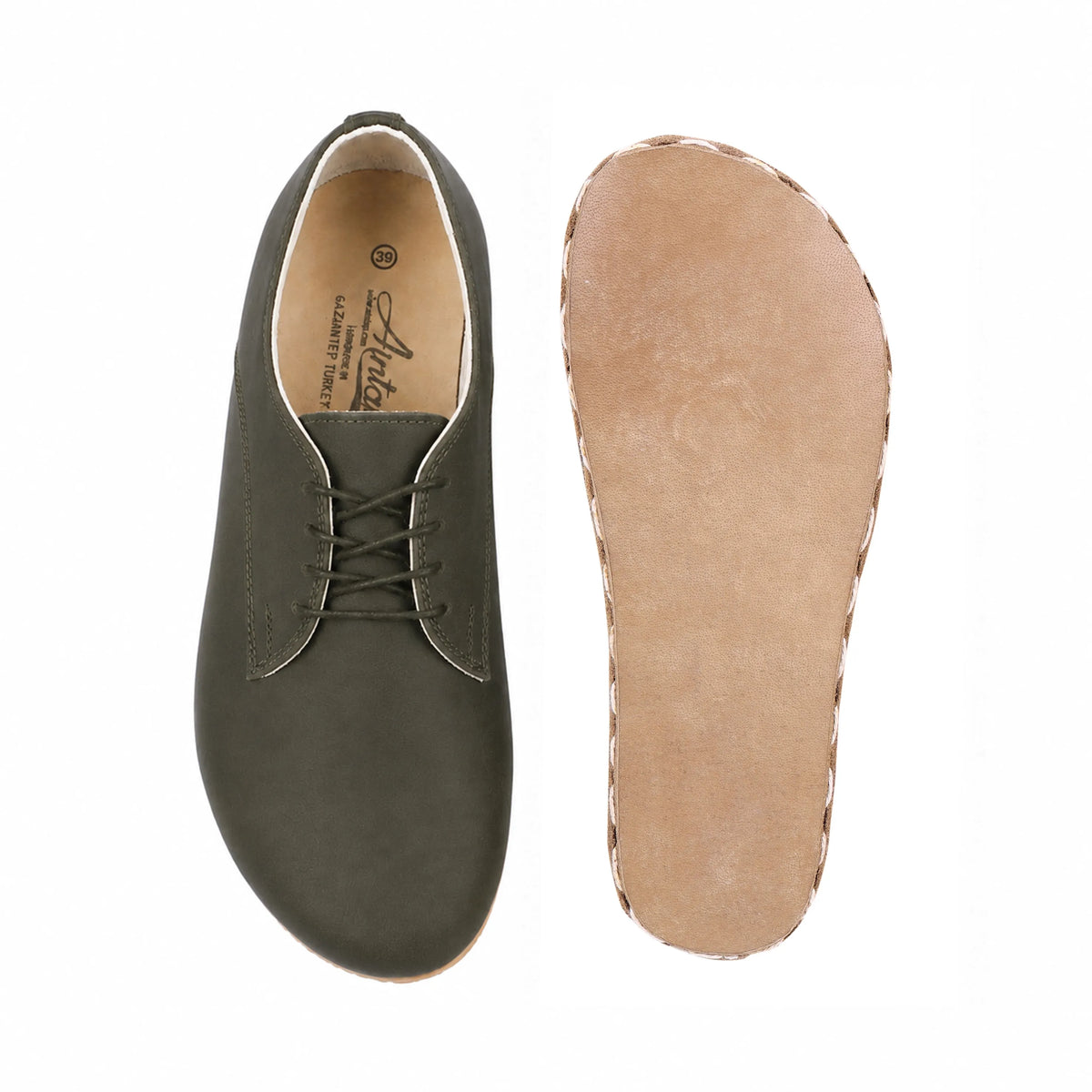 Smooth Barefoot Oxford Shoes — Leather Sole – Olive Green