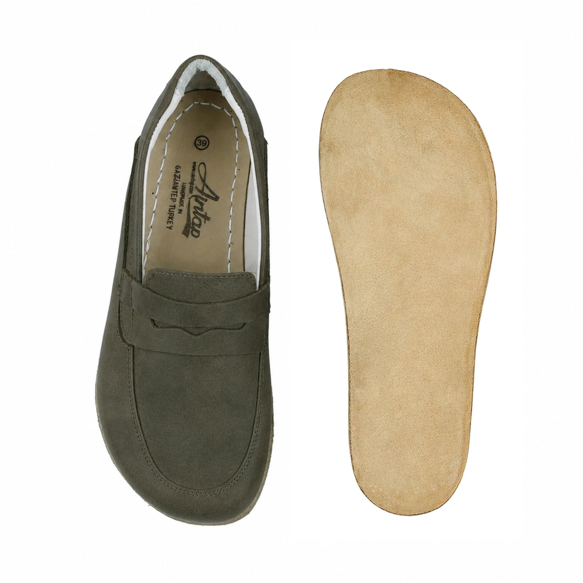 Smooth Barefoot Penny Loafer Shoes – Classic Sole — Leather Sole – Olive Green