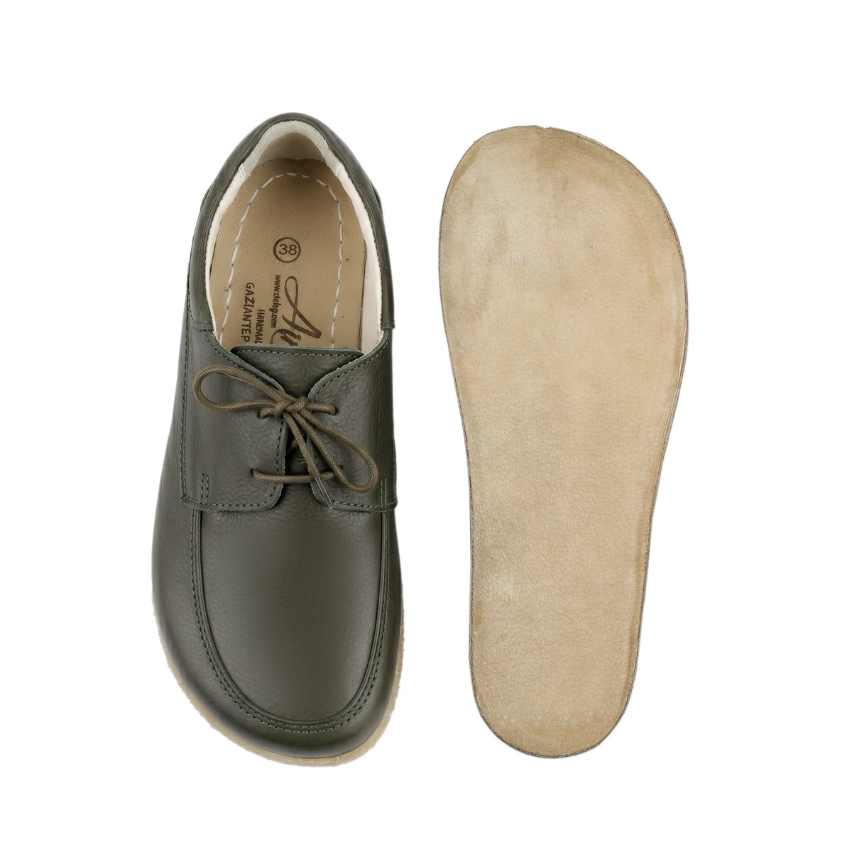 Smooth Barefoot Laces Penny Loafer Shoes – Classic Sole — Leather Sole – Olive Green