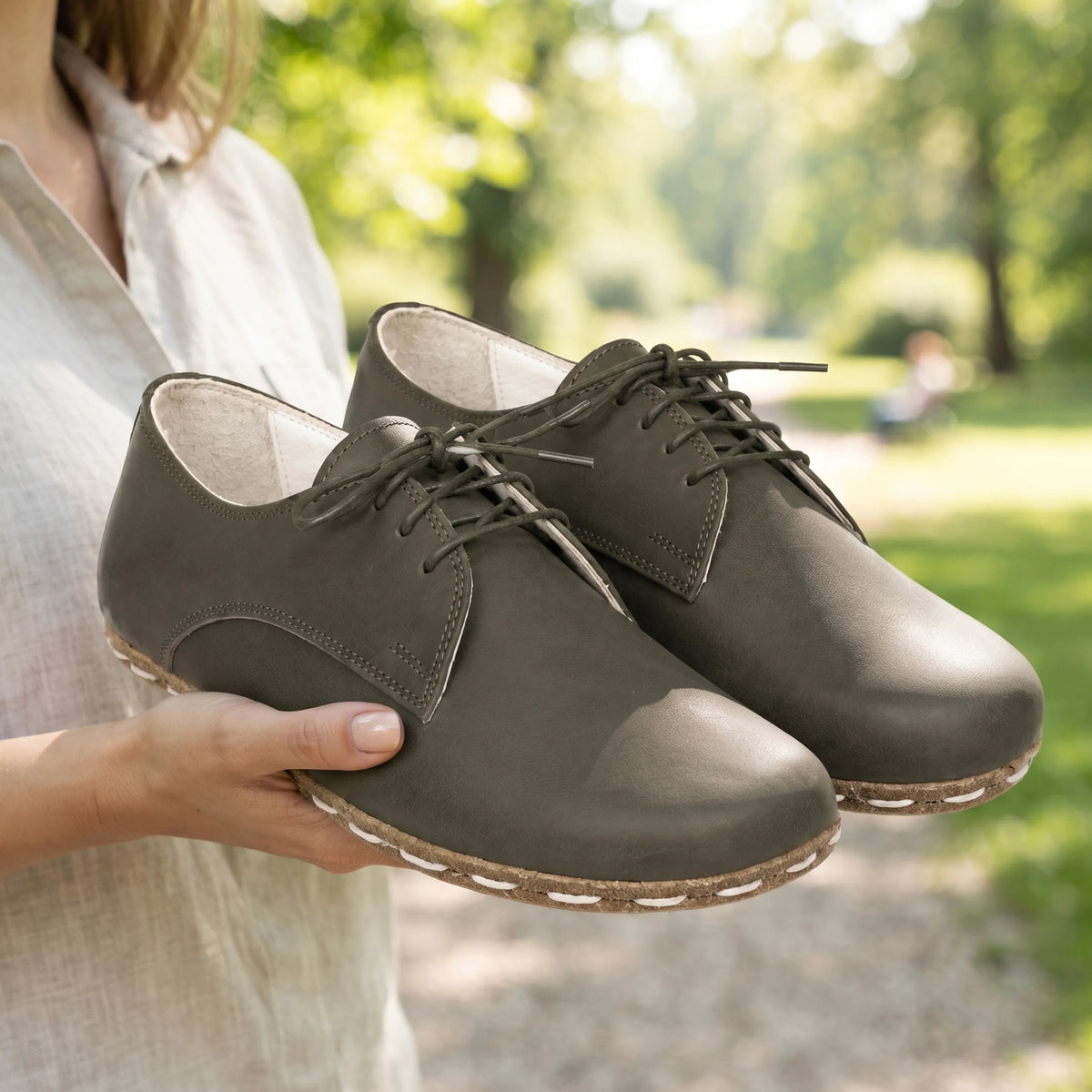Smooth Barefoot Oxford Shoes — Leather Sole – Olive Green