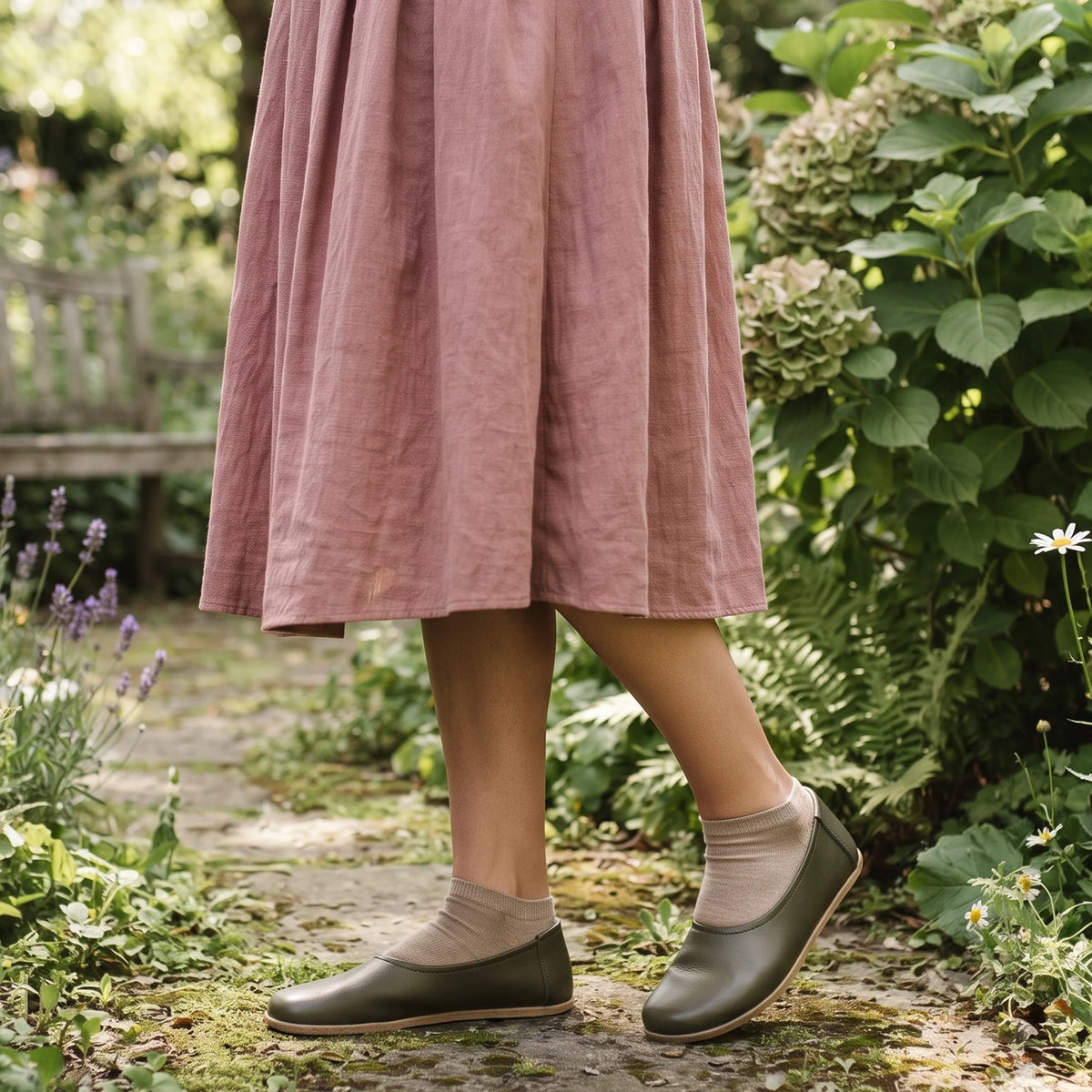 Smooth Barefoot Ballet Shoes – Classic Sole — Leather Sole – Olive Green