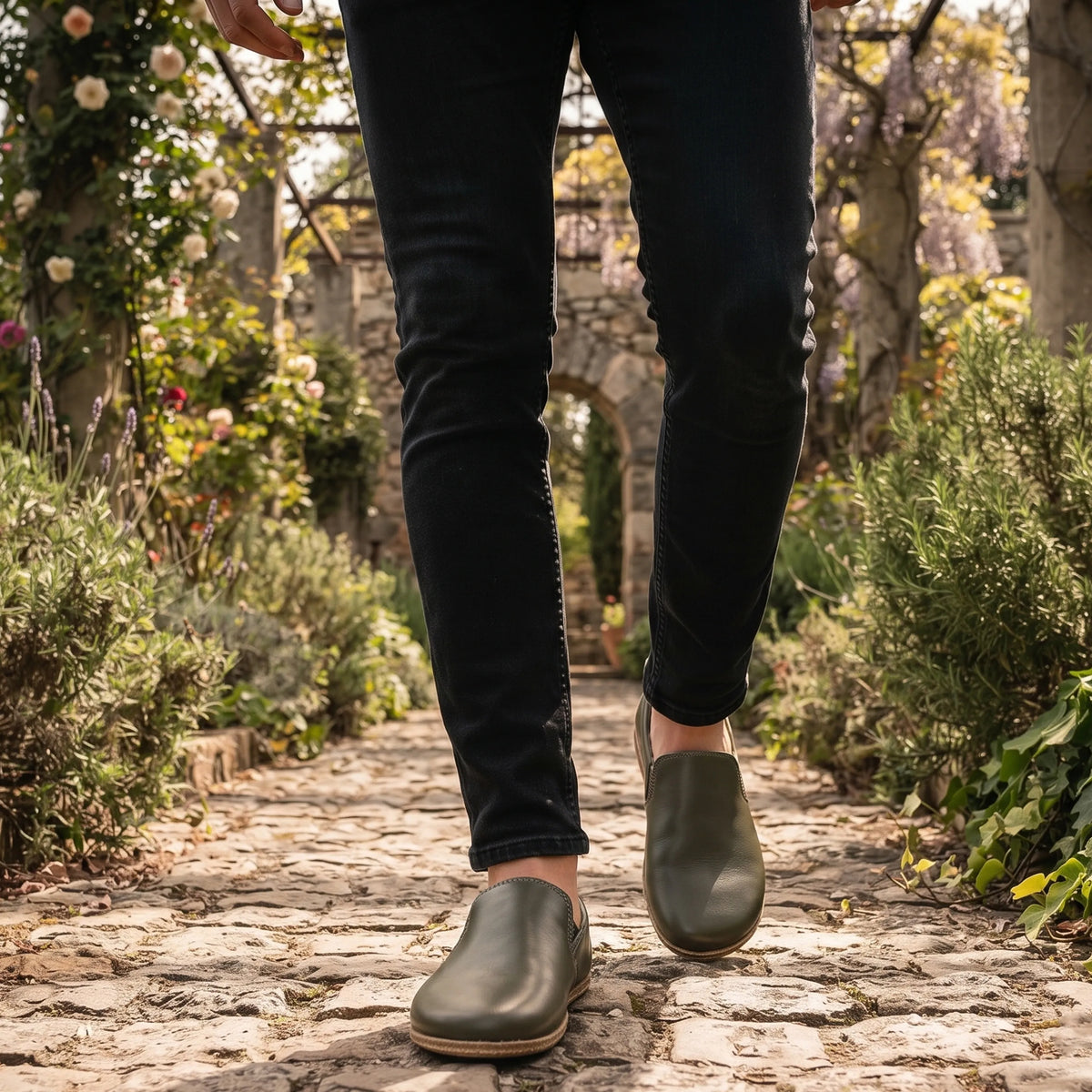 Smooth Barefoot Slip-On Shoes – Classic Sole — Leather Sole – Olive Green