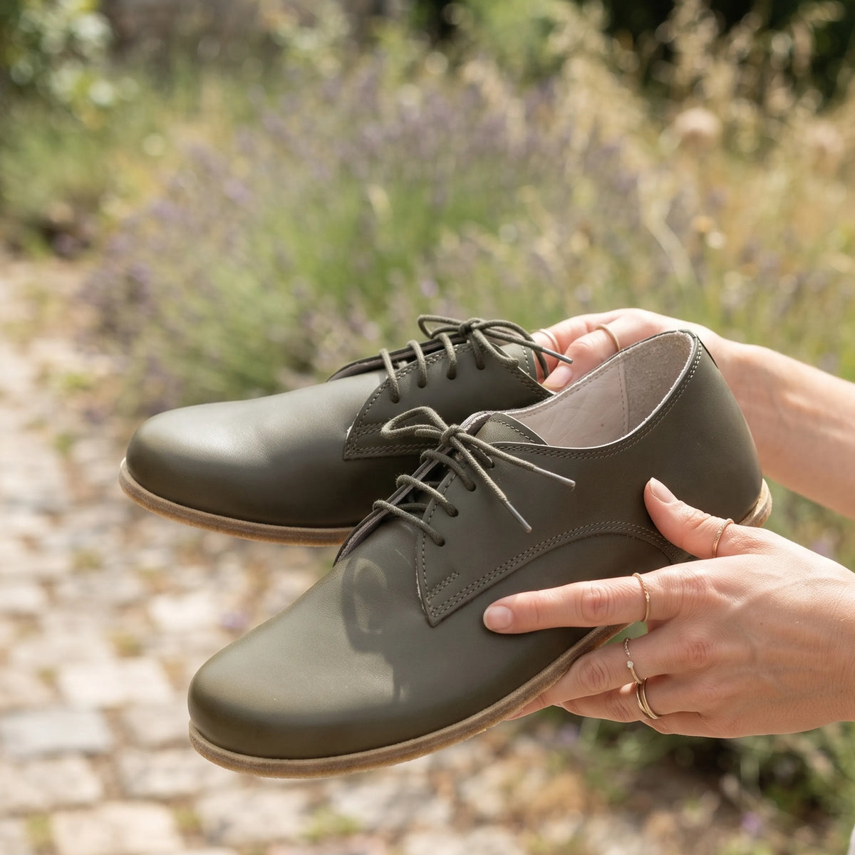Smooth Barefoot Oxford Shoes — Leather Sole – Olive Green