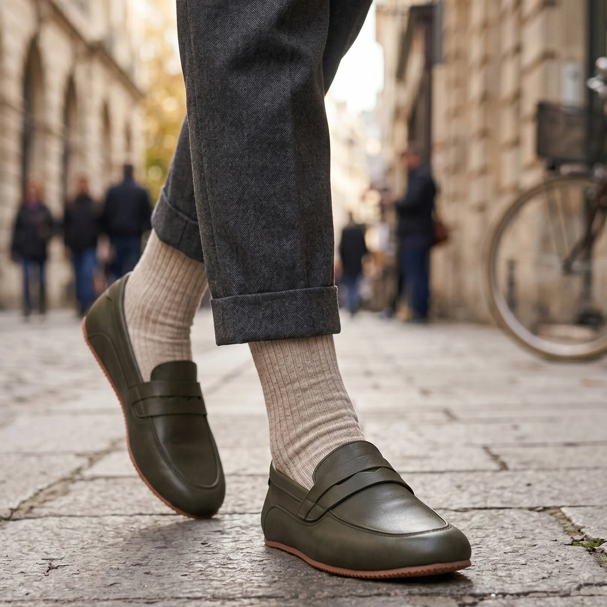 Smooth Barefoot Penny Loafer Shoes – Rubber Sole – Olive Green