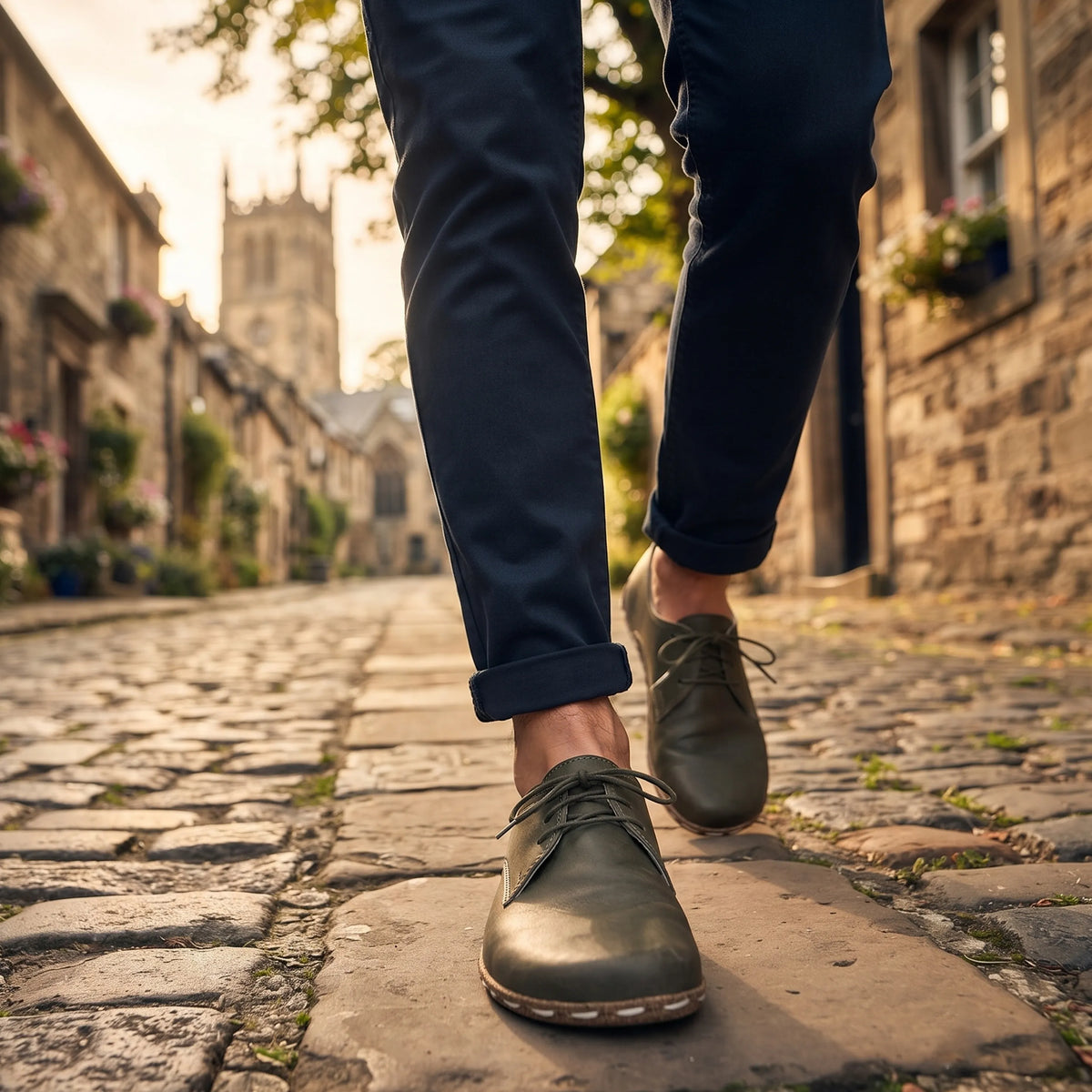 Smooth Barefoot Oxford Shoes — Leather Sole – Olive Green