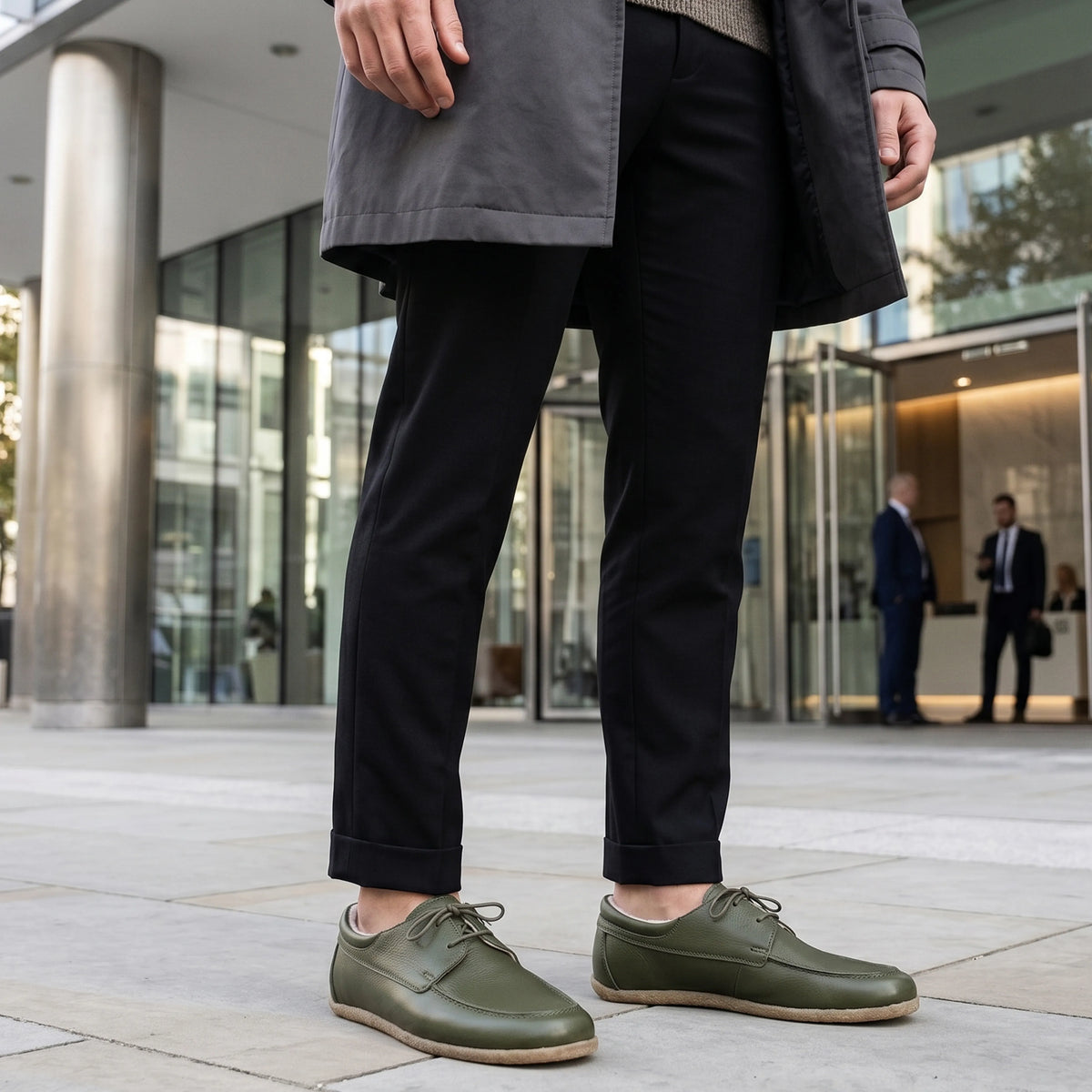 Smooth Barefoot Laces Penny Loafer Shoes – Classic Sole — Leather Sole – Olive Green