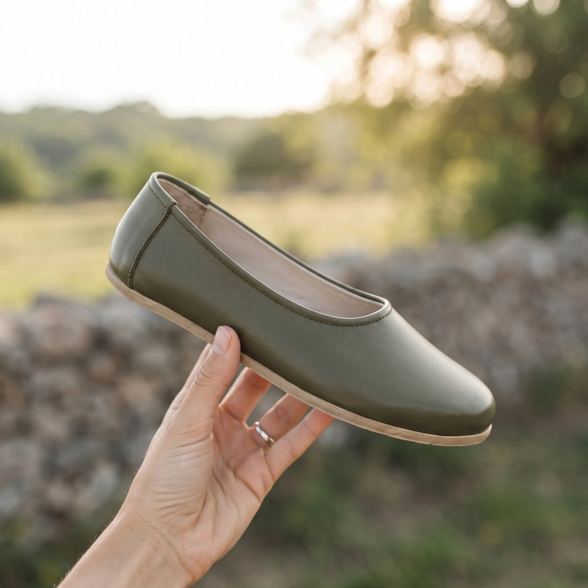 Smooth Barefoot Ballet Shoes – Classic Sole — Leather Sole – Olive Green