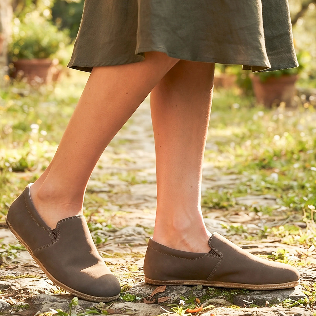 Nubuck Barefoot Slip-On Shoes – Classic Sole — Leather Sole – Smoked