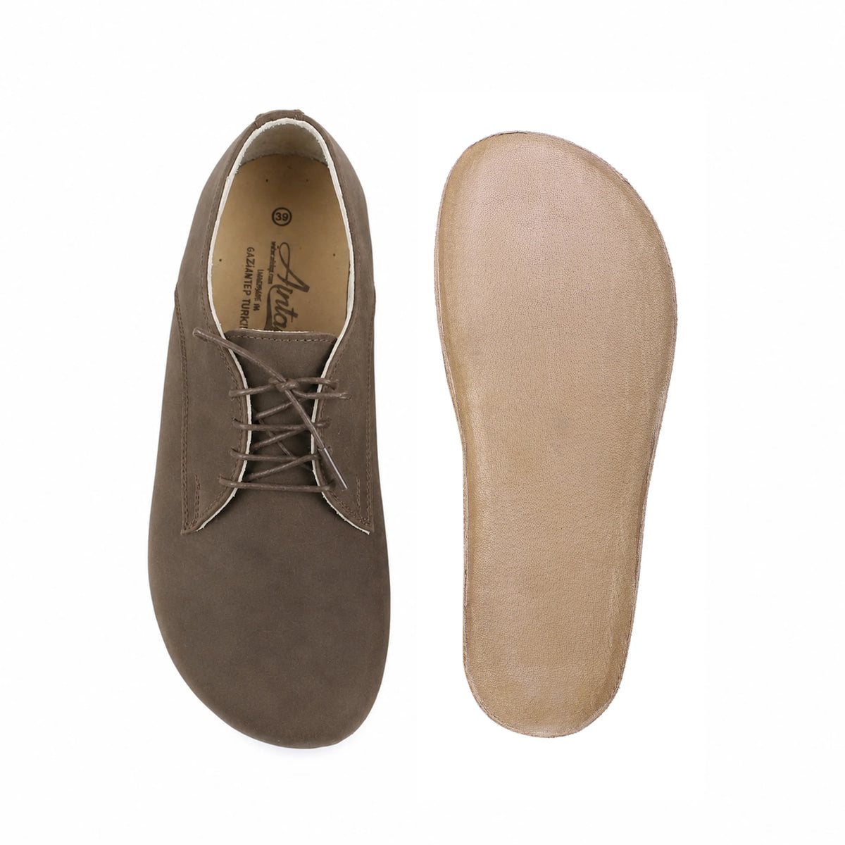 Nubuck Barefoot Oxford Shoes – Classic Sole — Leather Sole – Smoked