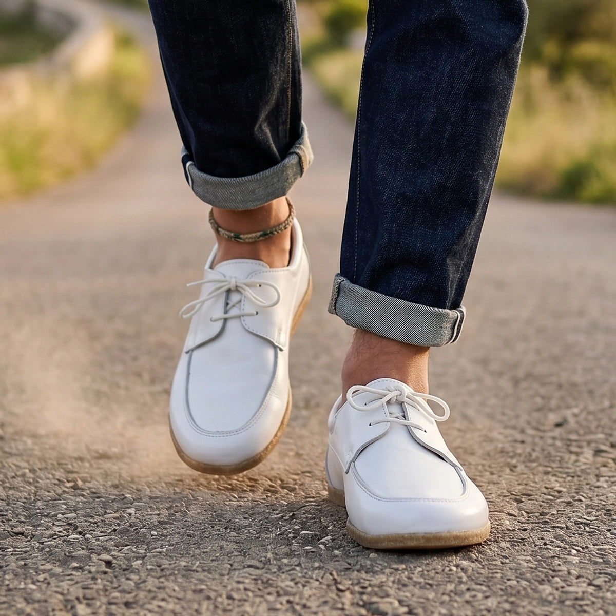 Smooth Barefoot Laces Penny Loafer Shoes – Classic Sole — Leather Sole – White