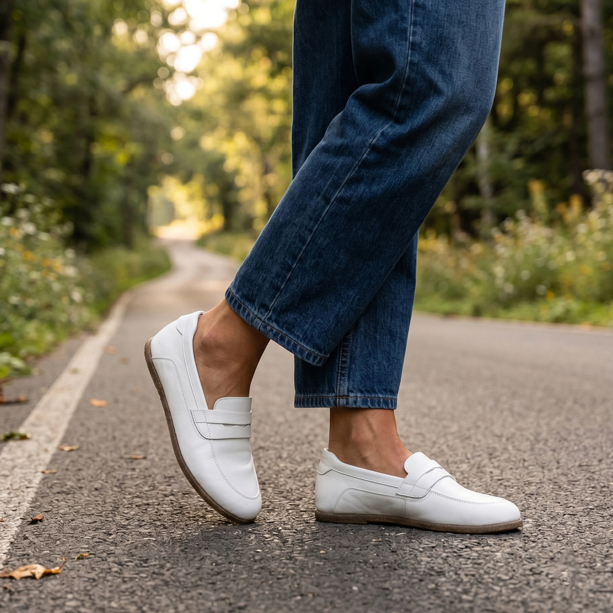 Smooth Barefoot Penny Loafer Shoes – Classic Sole — Leather Sole – White
