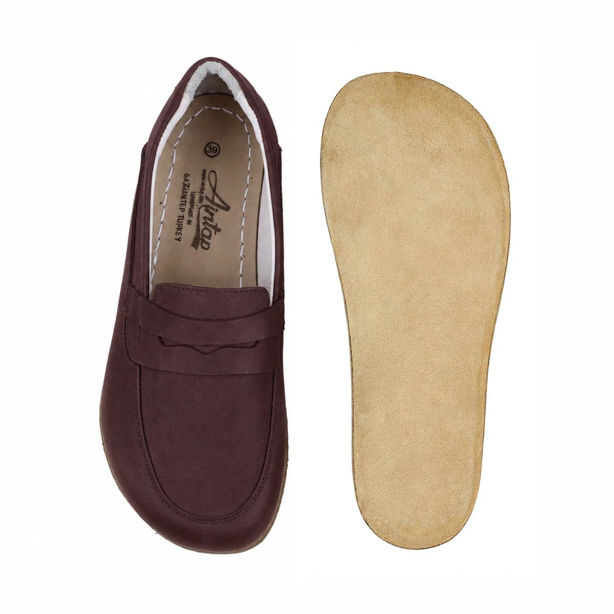 Smooth Barefoot Penny Loafer Shoes – Classic Sole — Leather Sole – Burgundy