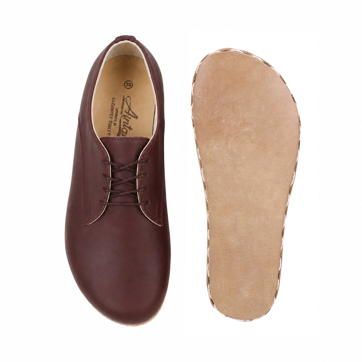 Smooth Barefoot Oxford Shoes — Leather Sole – Burgundy