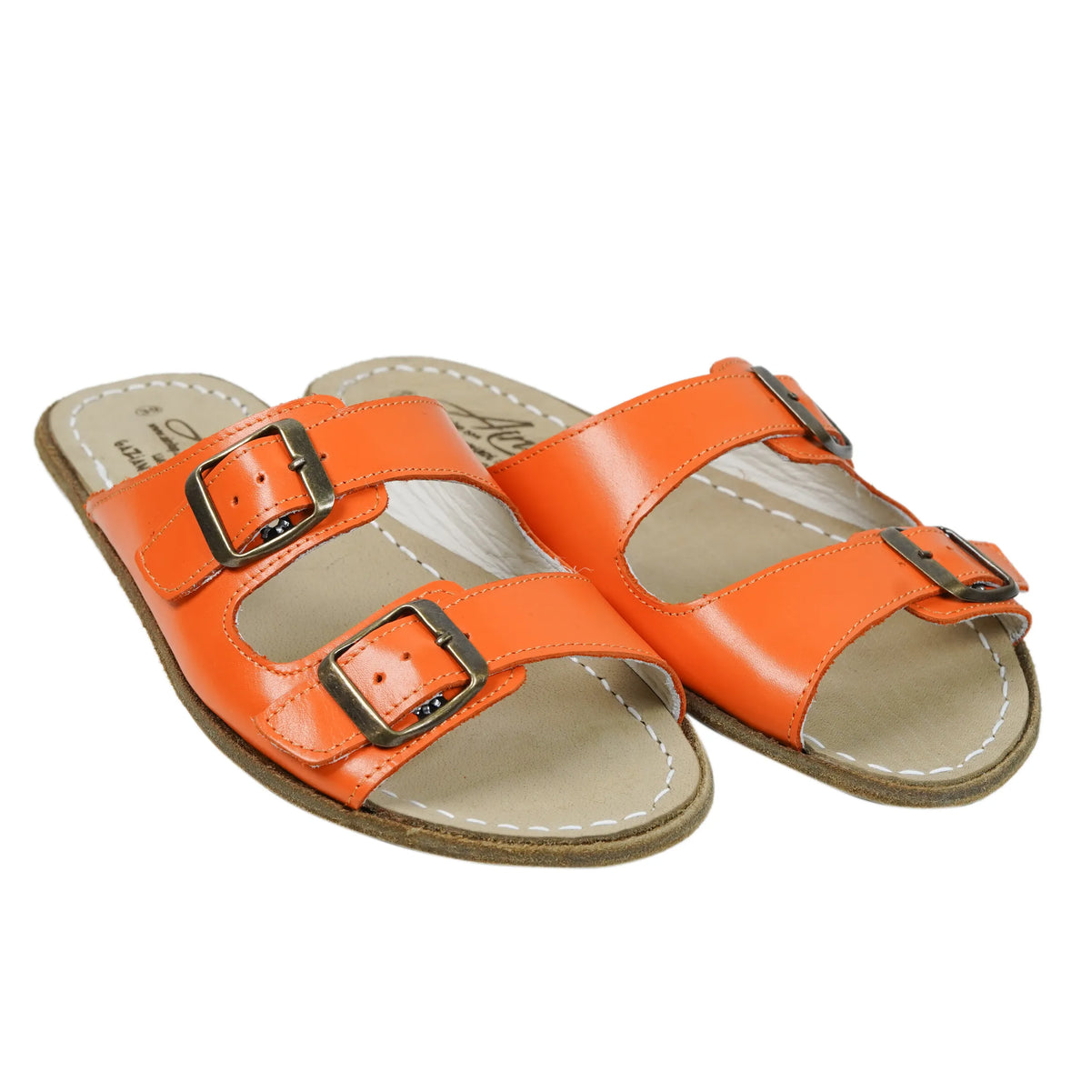 Smooth Barefoot Double Strap Sandals Shoes – Classic Sole — Leather Sole – Orange