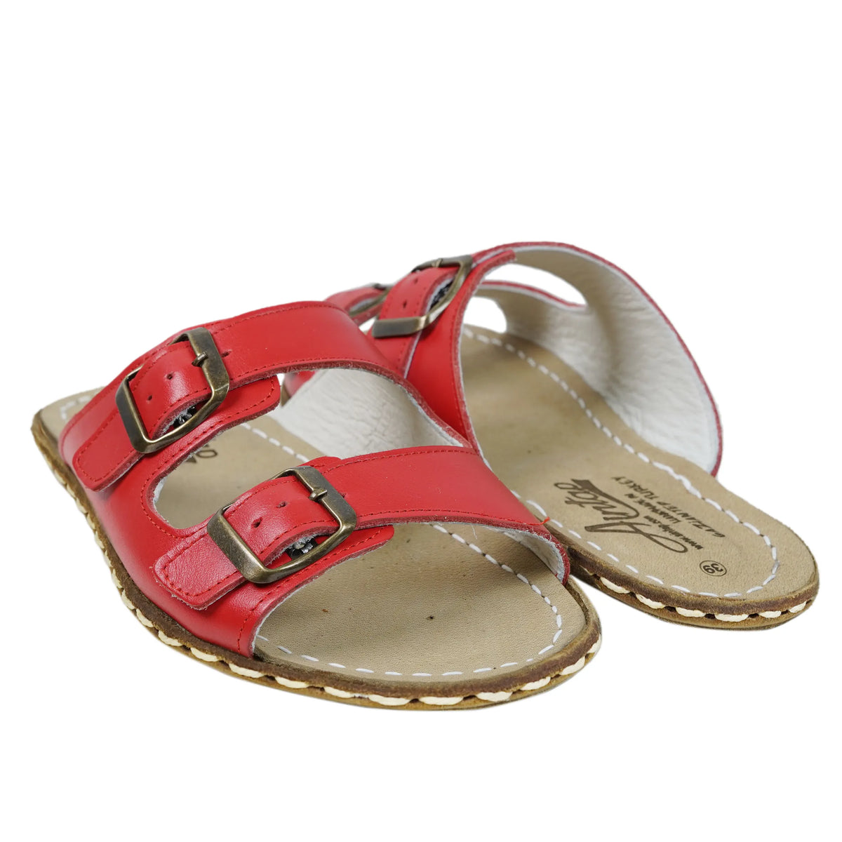 Smooth Barefoot Double Strap Sandals Shoes — Leather Sole – Red