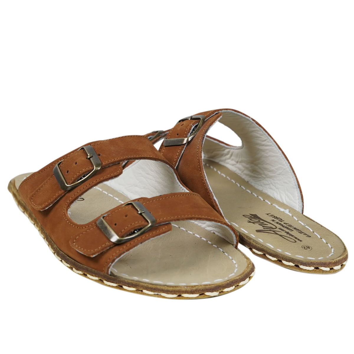 Nubuck Barefoot Double Strap Sandals Shoes — Leather Sole – Tan