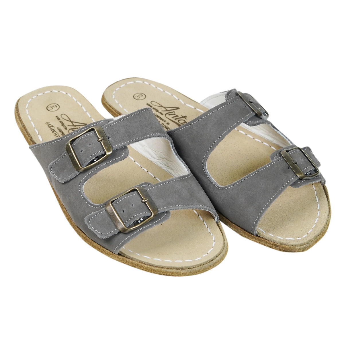 Nubuck Barefoot Double Strap Sandal Shoes – Classic Sole — Leather Sole – Gray