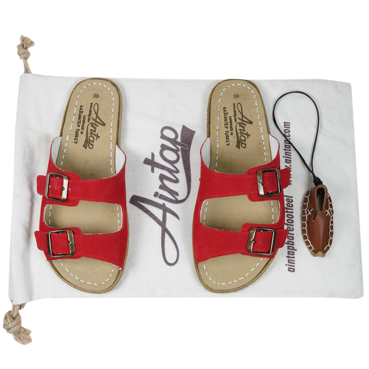 Nubuck Barefoot Double Strap Sandals Shoes – Classic Sole — Leather Sole – Red